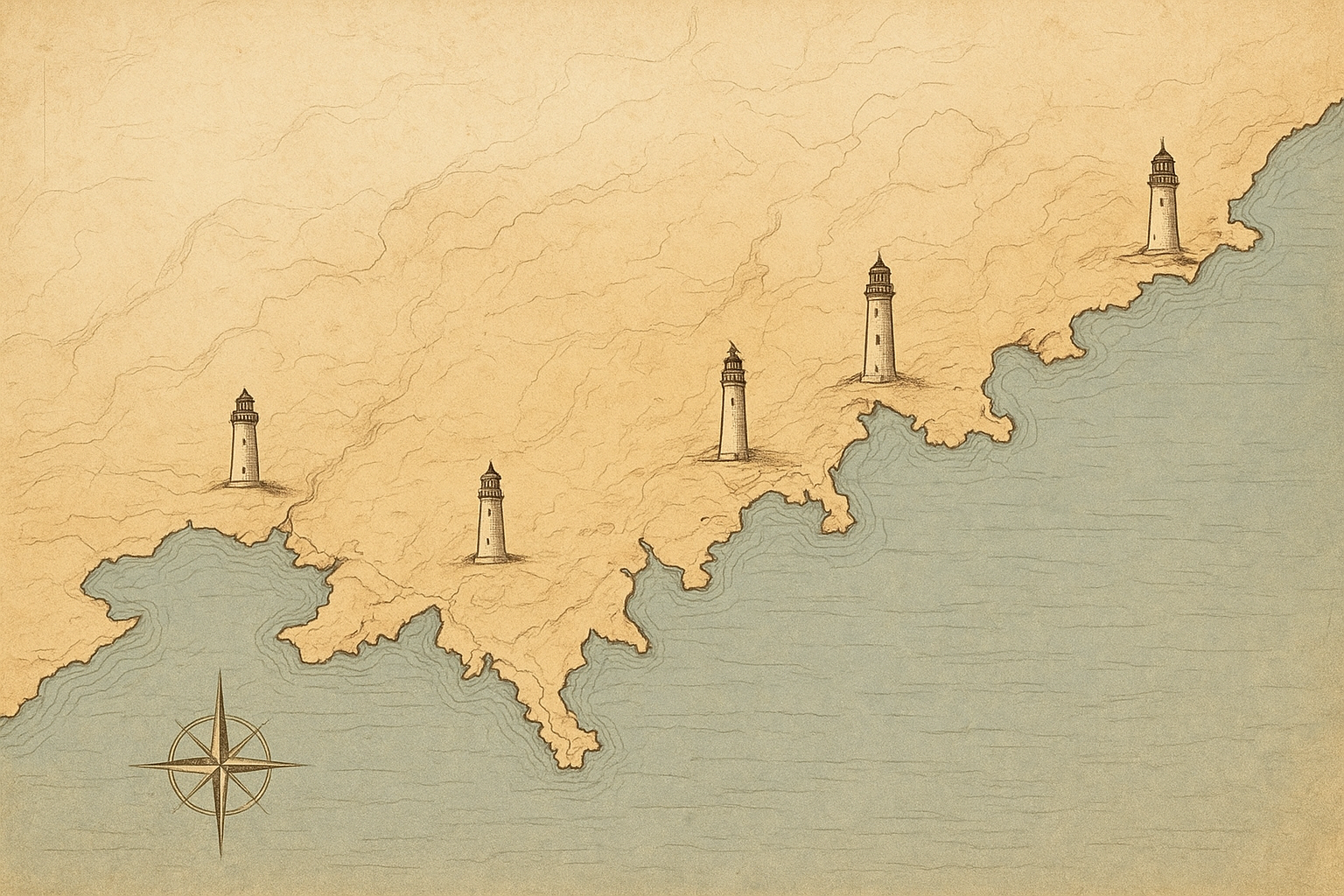 Illustrated coastal map showing preserved lighthouse towers along the northern shoreline with marked points and route lines