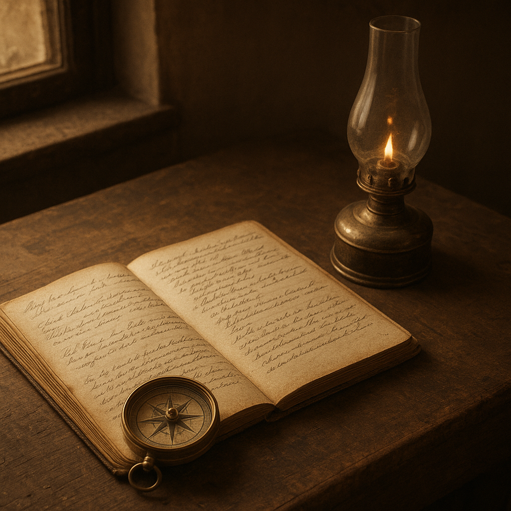 Close archival still life of a handwritten keeper logbook, brass compass, and oil lamp on a weathered desk