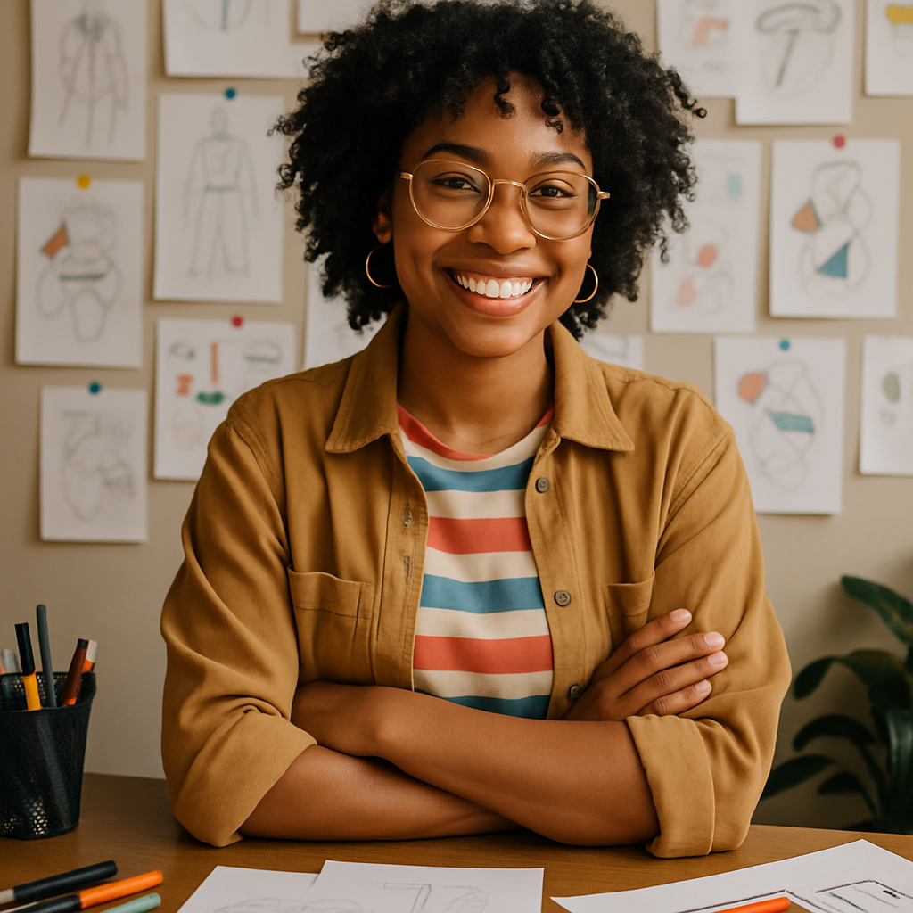 Courtney Henry in a creative workspace with sketches