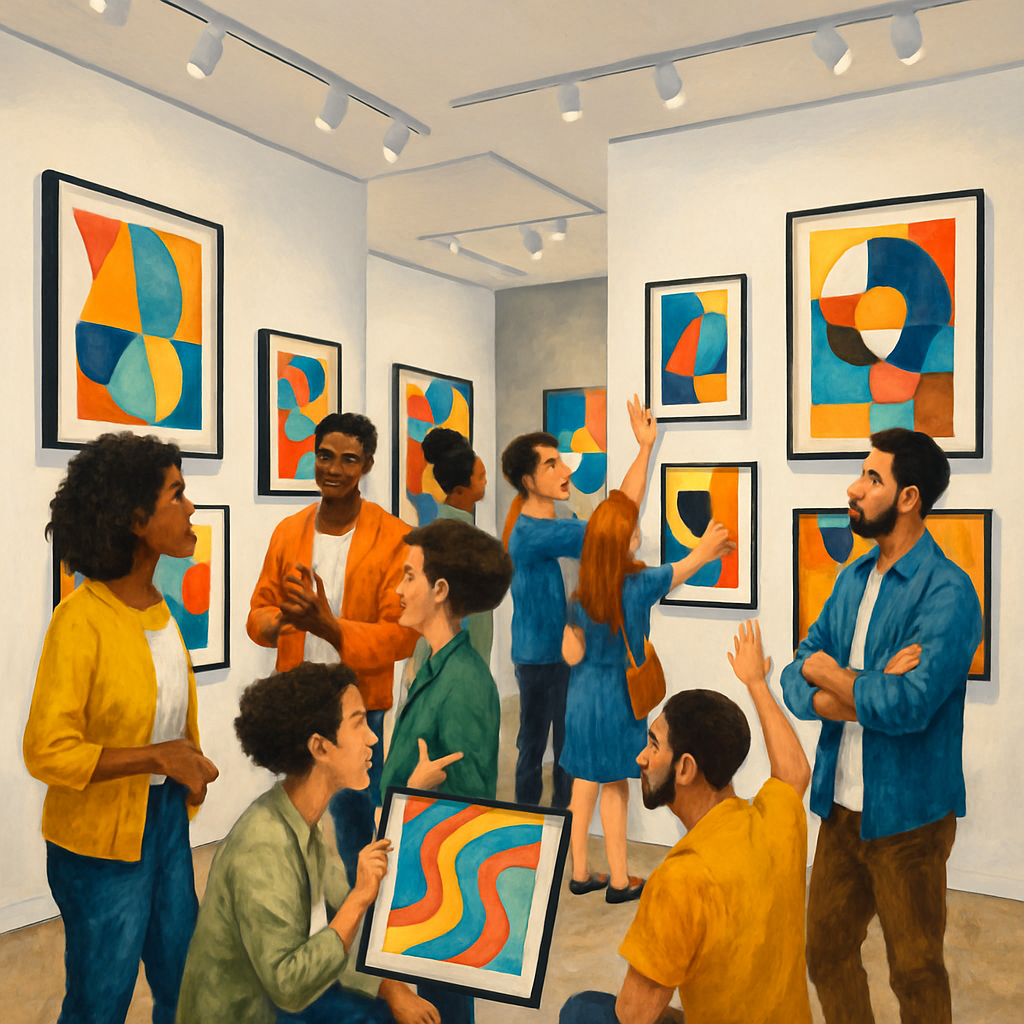 Modern art gallery with diverse group appreciating contemporary art