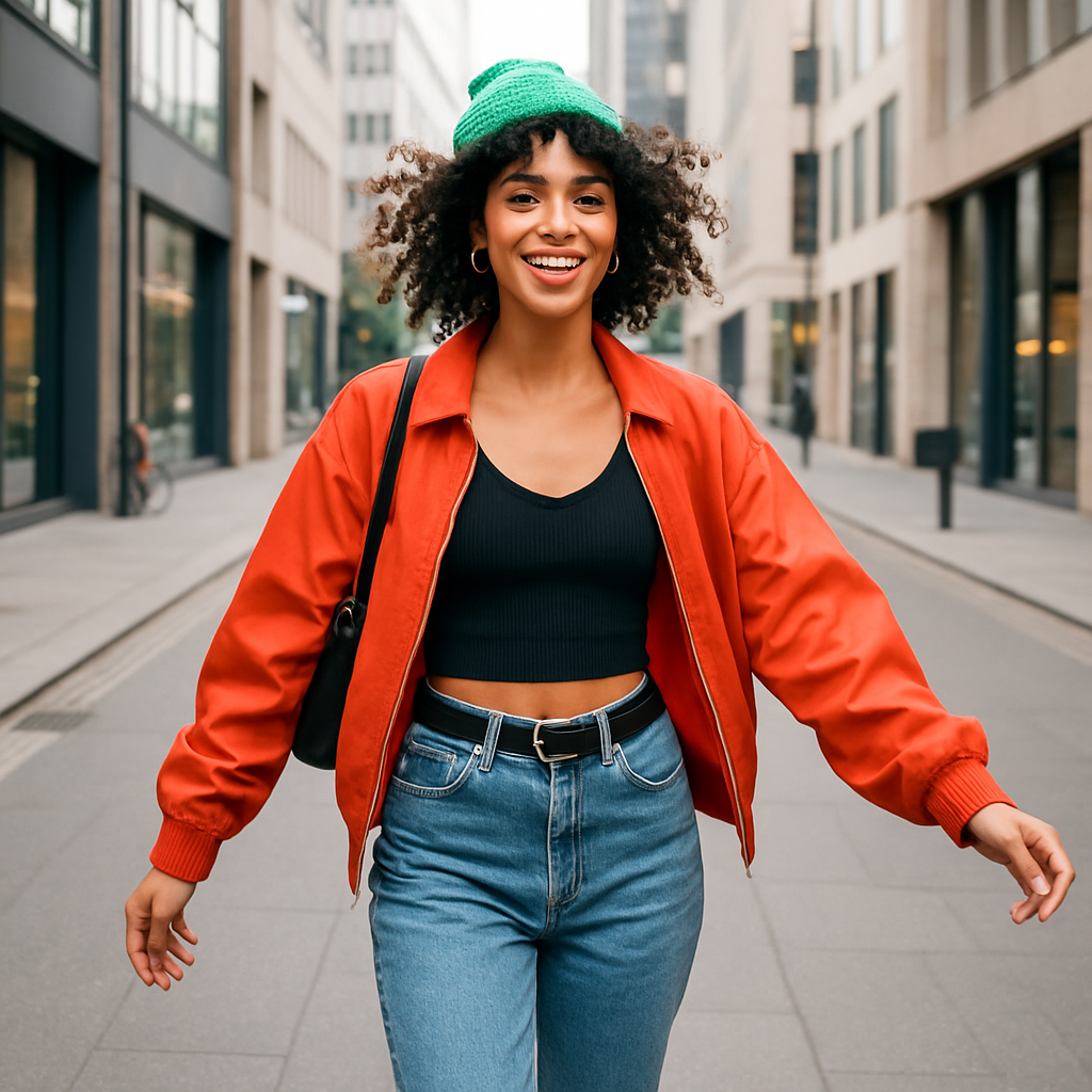 Trendy young woman in a modern city street fashion look
