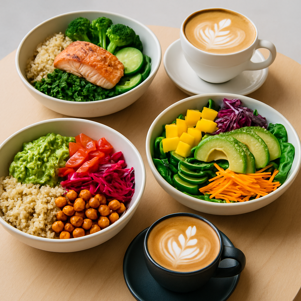 Tabletop with colorful healthy bowls and artisan coffee