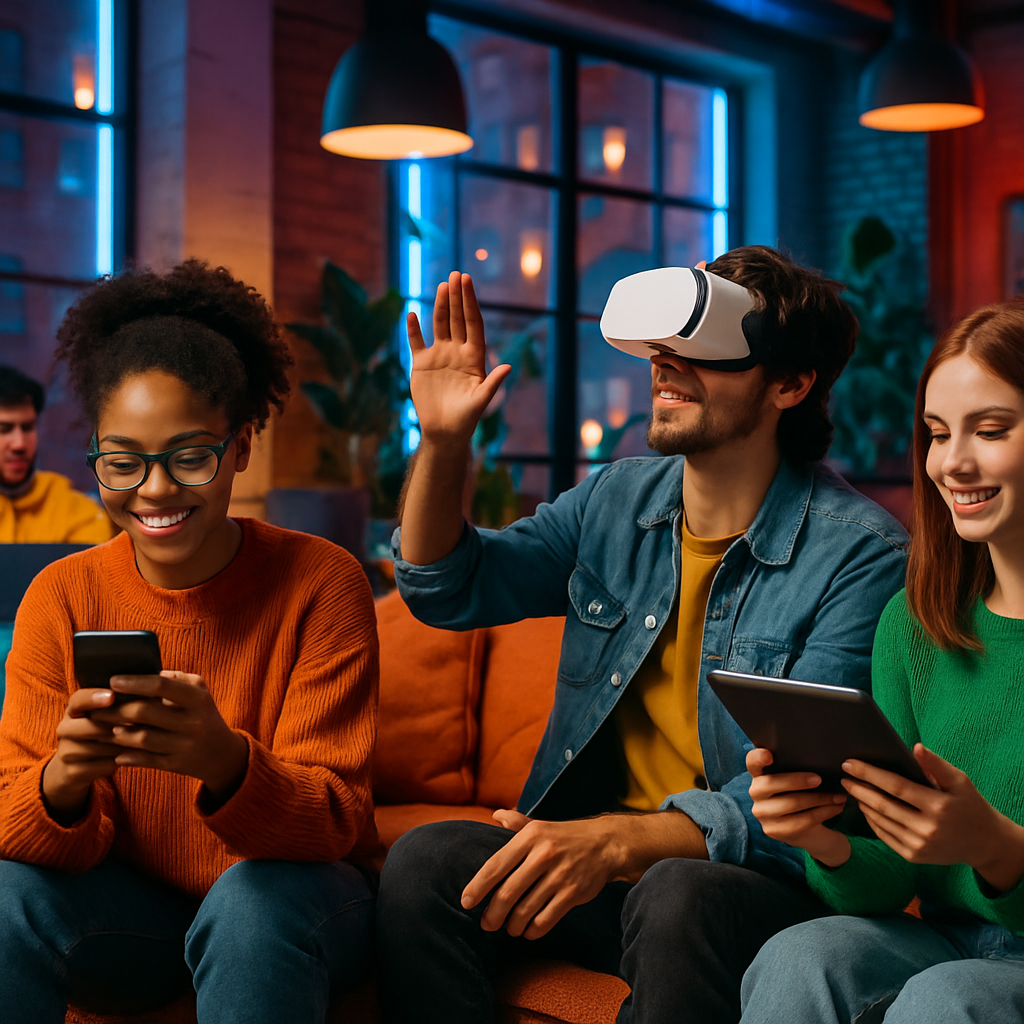 Young adults using smart devices and VR in a lively lounge
