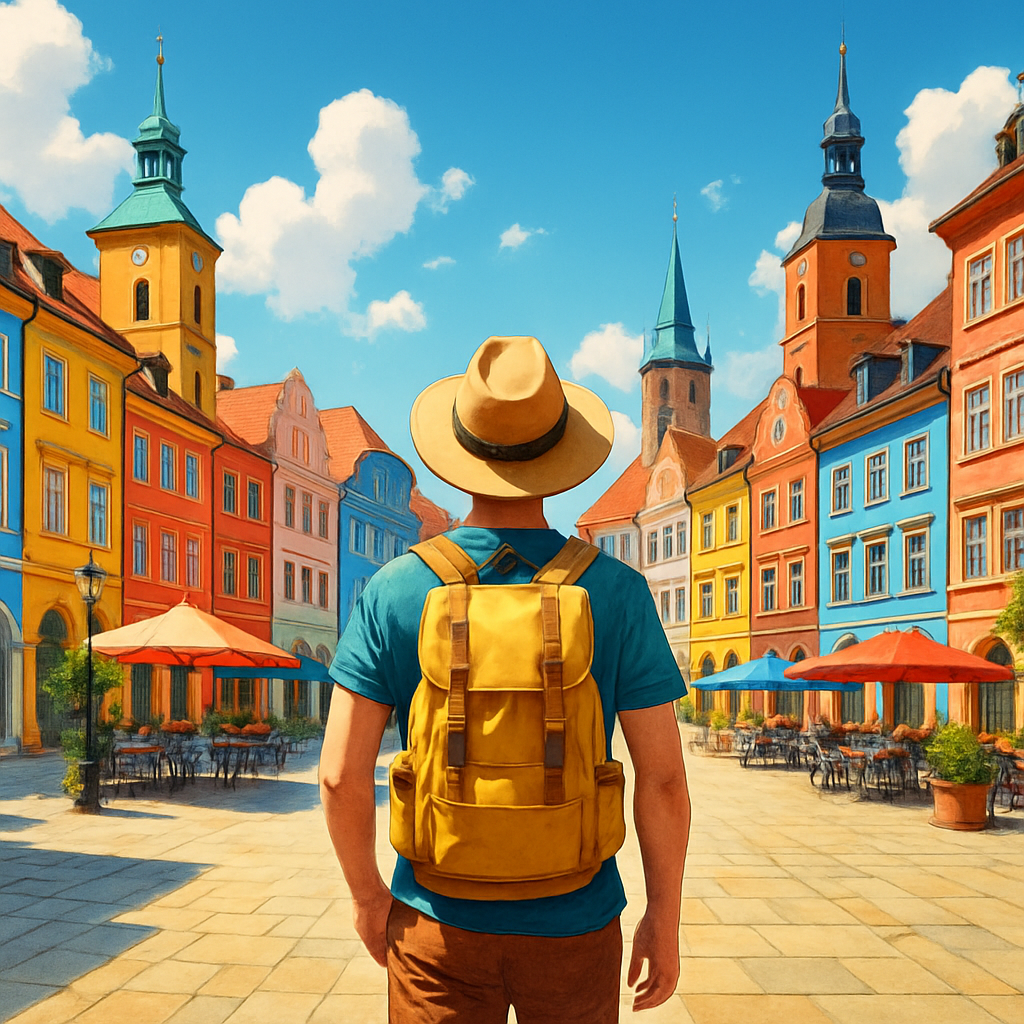 Scenic view of a traveler exploring a vibrant European city square