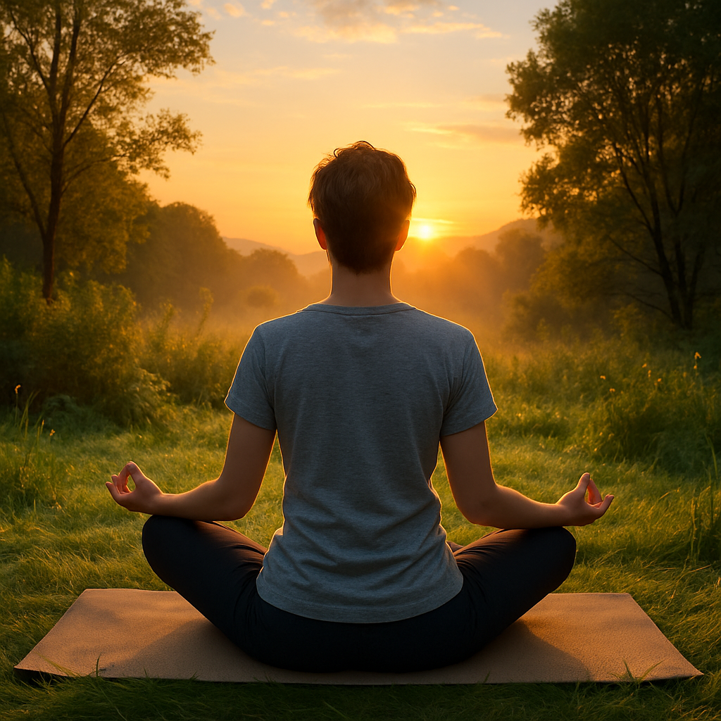 Wellness: Person meditating outdoors at sunrise on a yoga mat