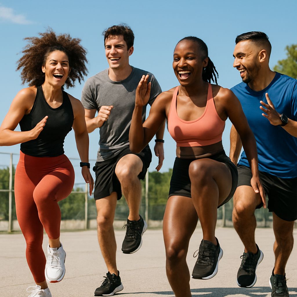 Energetic group doing HIIT workout outdoors