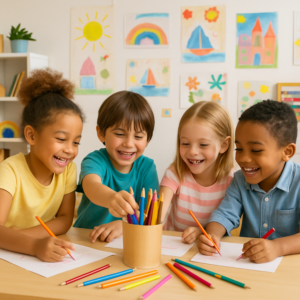 Kids drawing together at a table