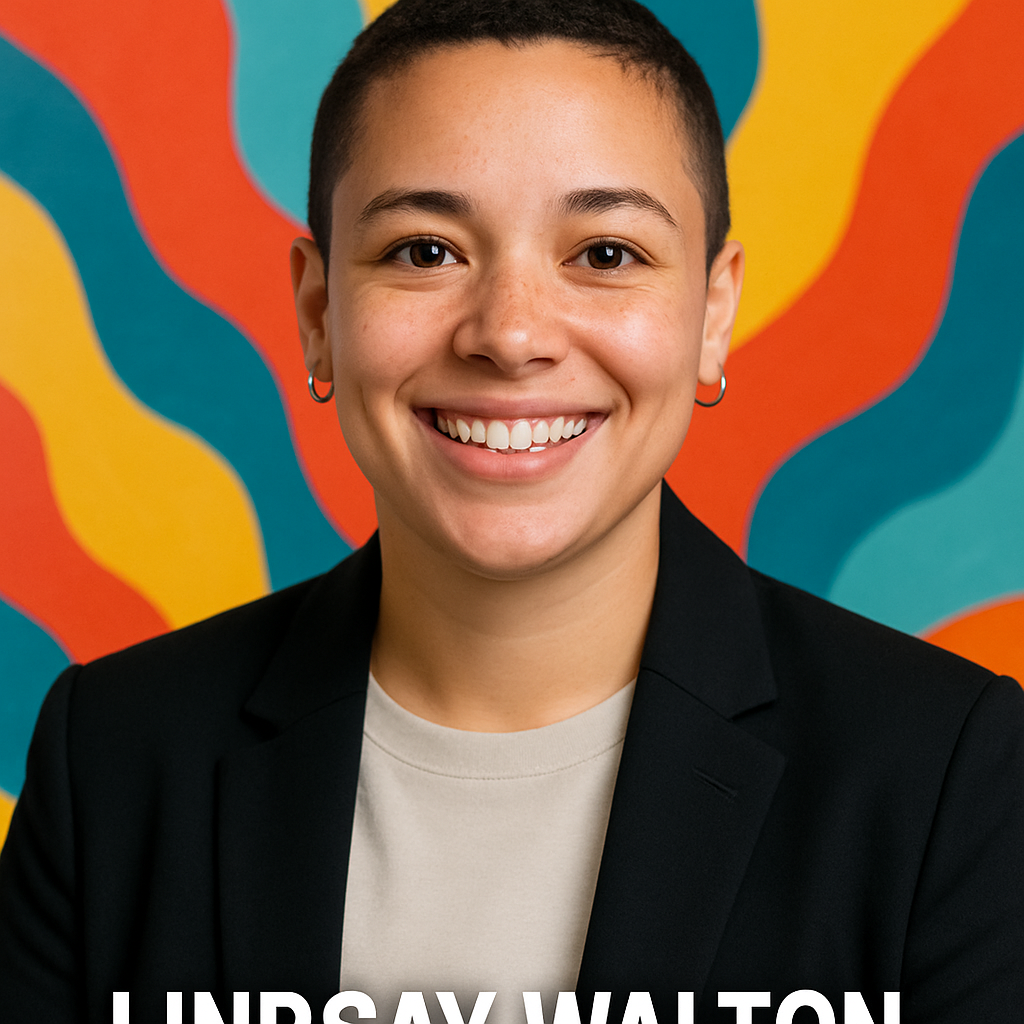 Lindsay Walton smiling, with a colorful background