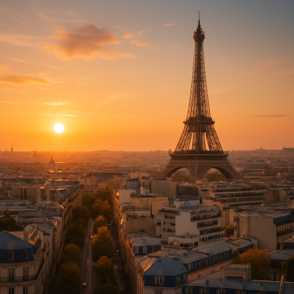 Paris cityscape with Eiffel Tower at sunset