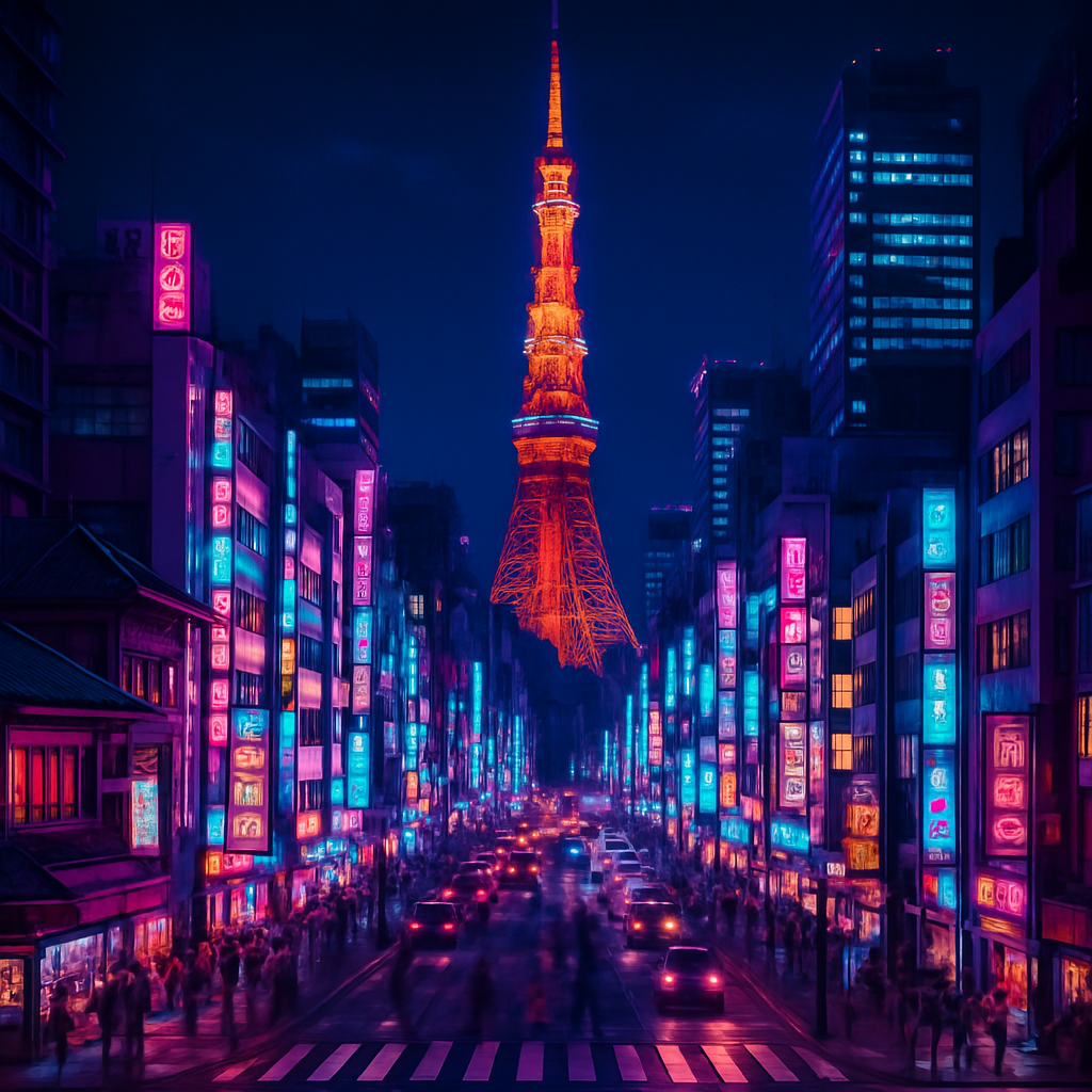 Tokyo skyline with neon city lights