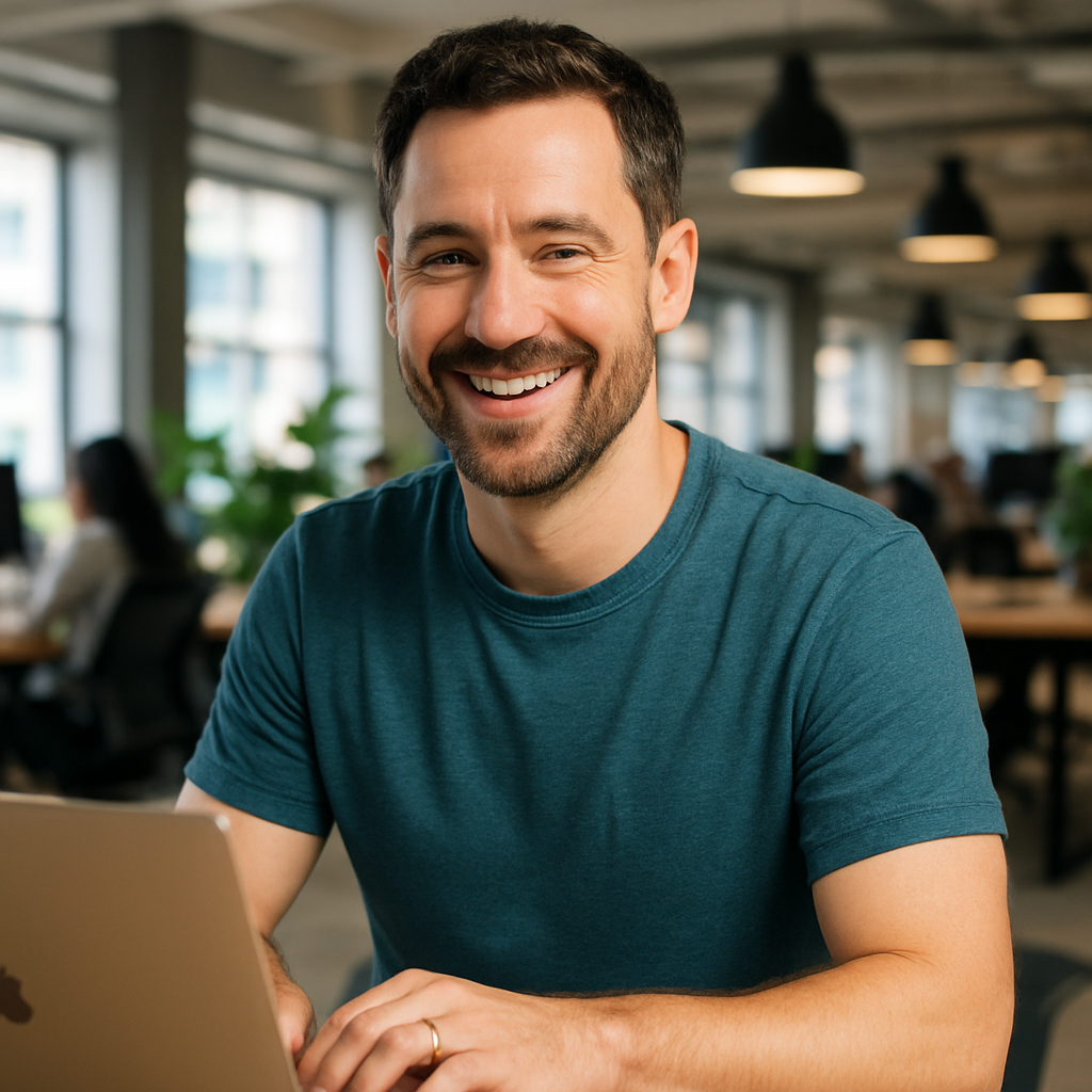 Tom Cook with a laptop, casual and approachable