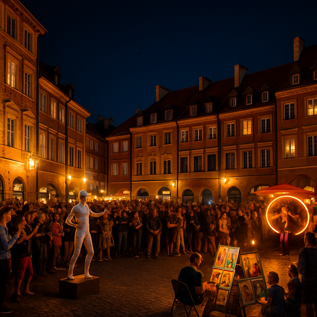 Historic Warsaw Old Town illuminated at night with crowds