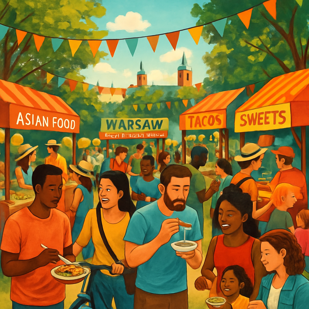 Colorful food stalls and people tasting street food at festival
