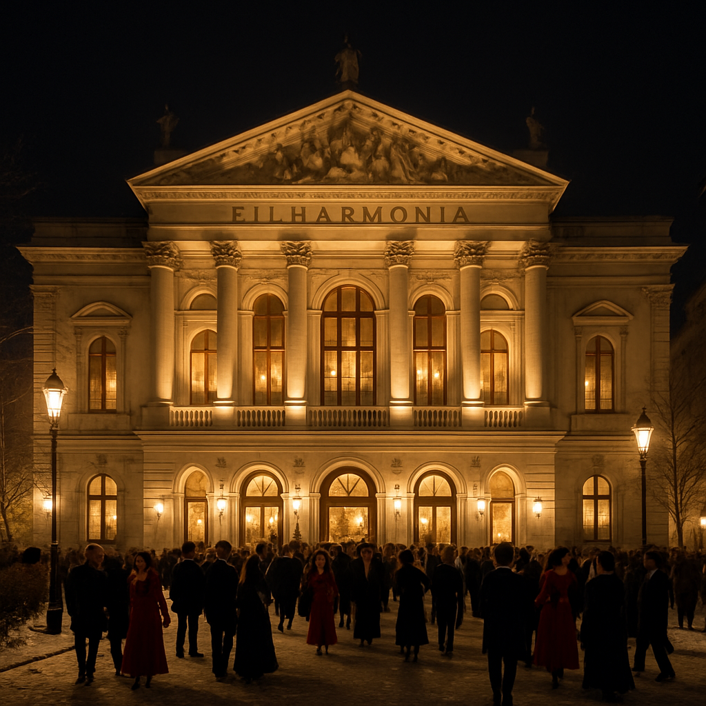 Warsaw Philharmonic Hall lit at night during concert