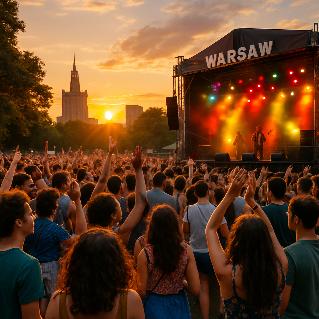 Outdoor music festival crowd at sunset in Warsaw