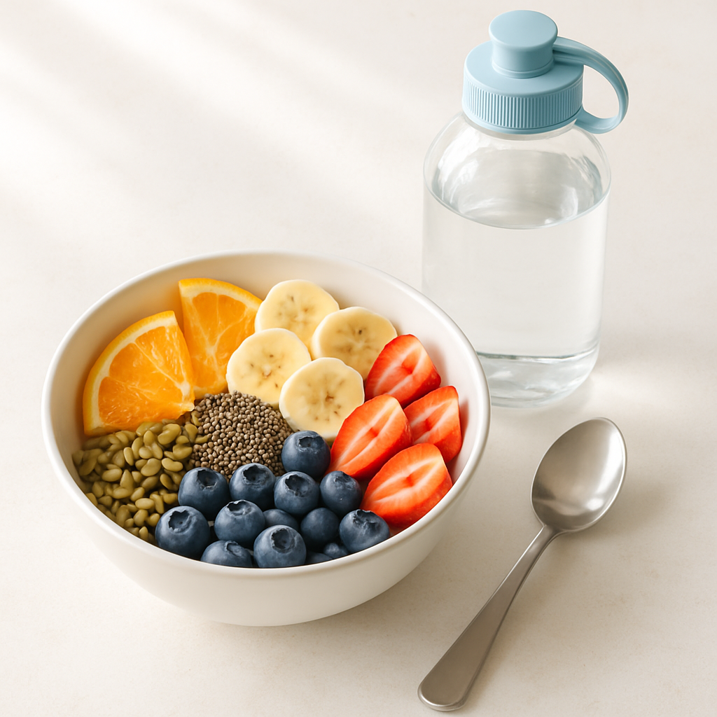 Healthy breakfast bowl and water bottle on table