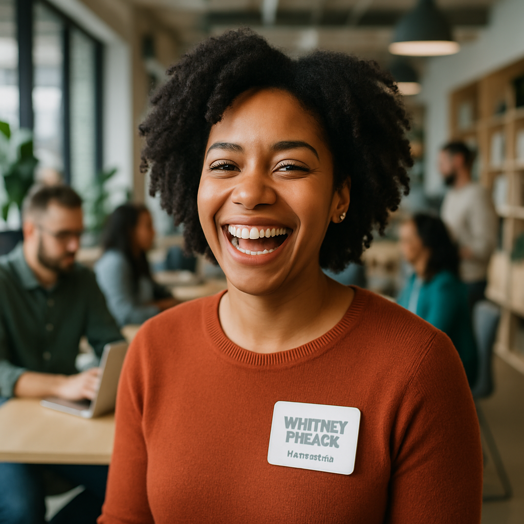 Whitney Francis laughing in a friendly office environment