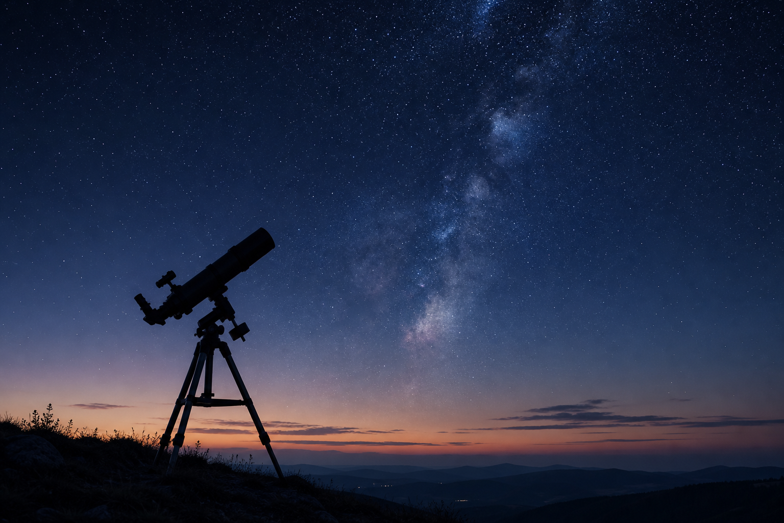 Serene night sky with a faint Milky Way band above a telescope silhouette at dusk