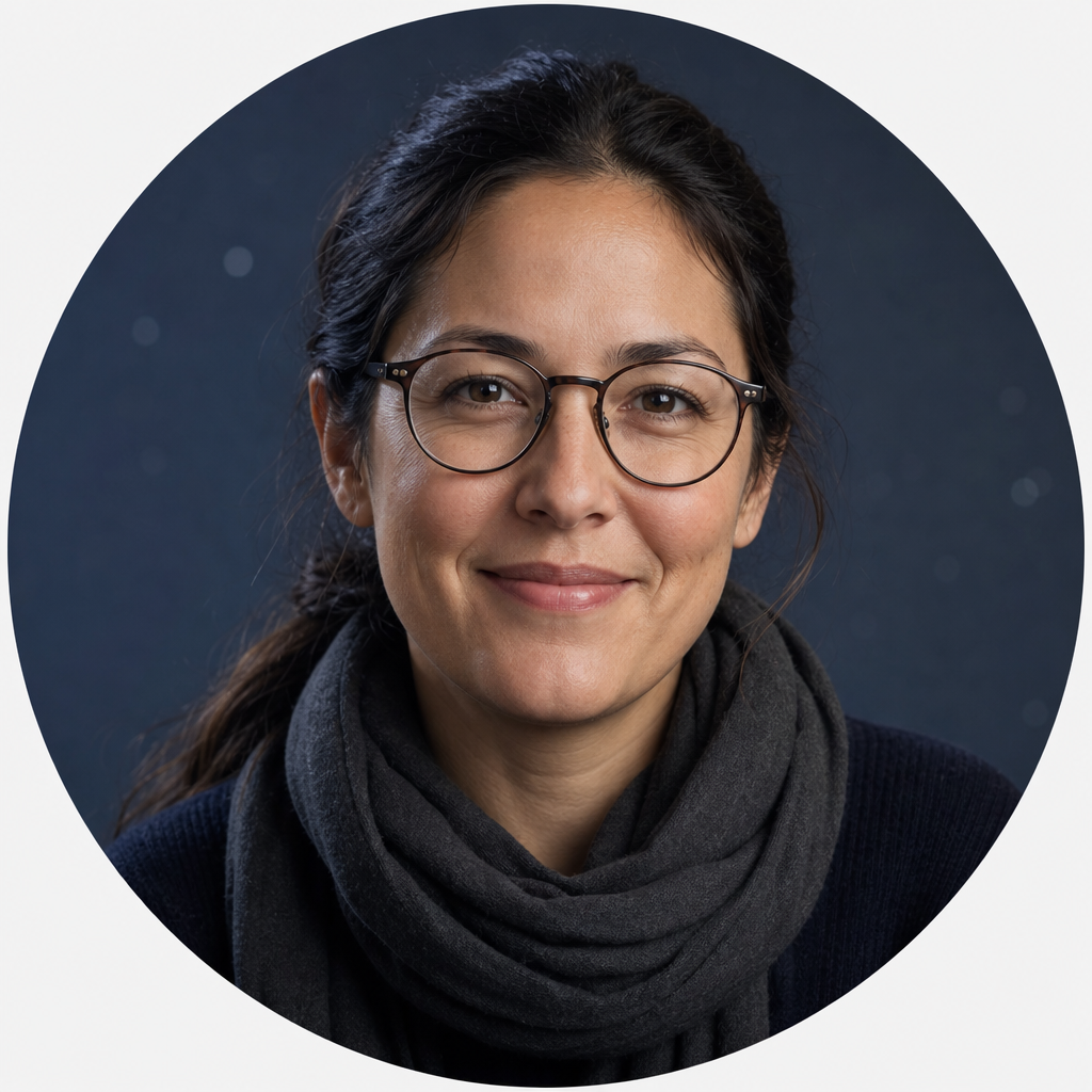 Portrait of Asha Raman wearing round glasses, a charcoal scarf, and a warm smile