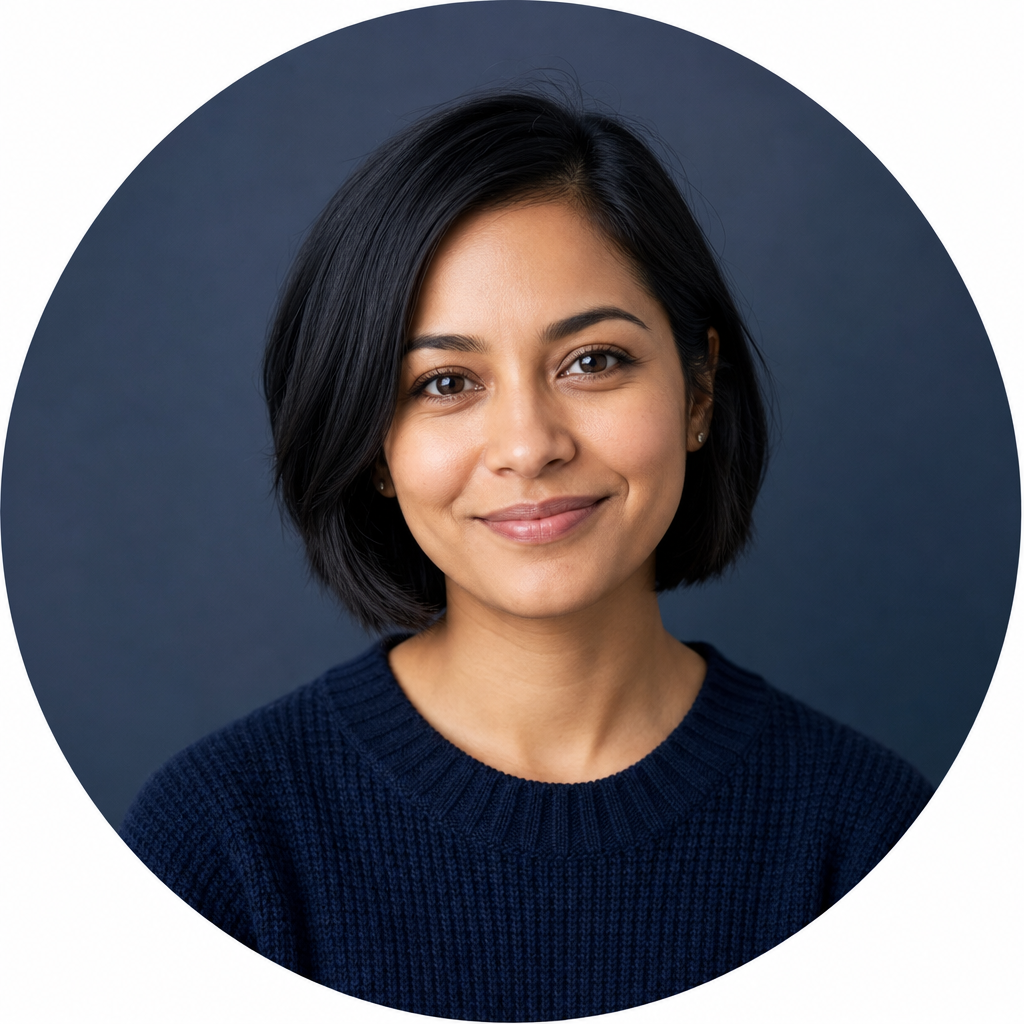 Calm portrait of Lina Park with short dark hair, navy sweater, and a gentle smile
