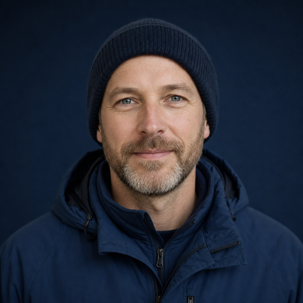 Portrait of Noah Bennett with light beard, dark beanie, and a friendly expression