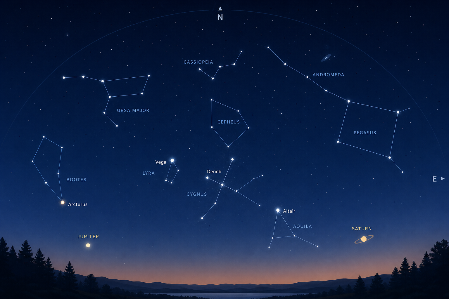 Clean seasonal night-sky chart showing major constellations, planet markers, and simple directional labels for beginner observation