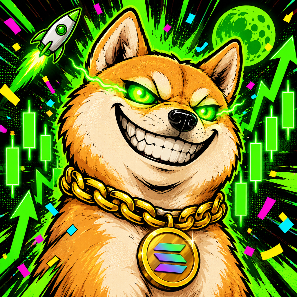 Meme-style Jin Chan Dog character with wild grin, green flame eyes, and a gold coin collar