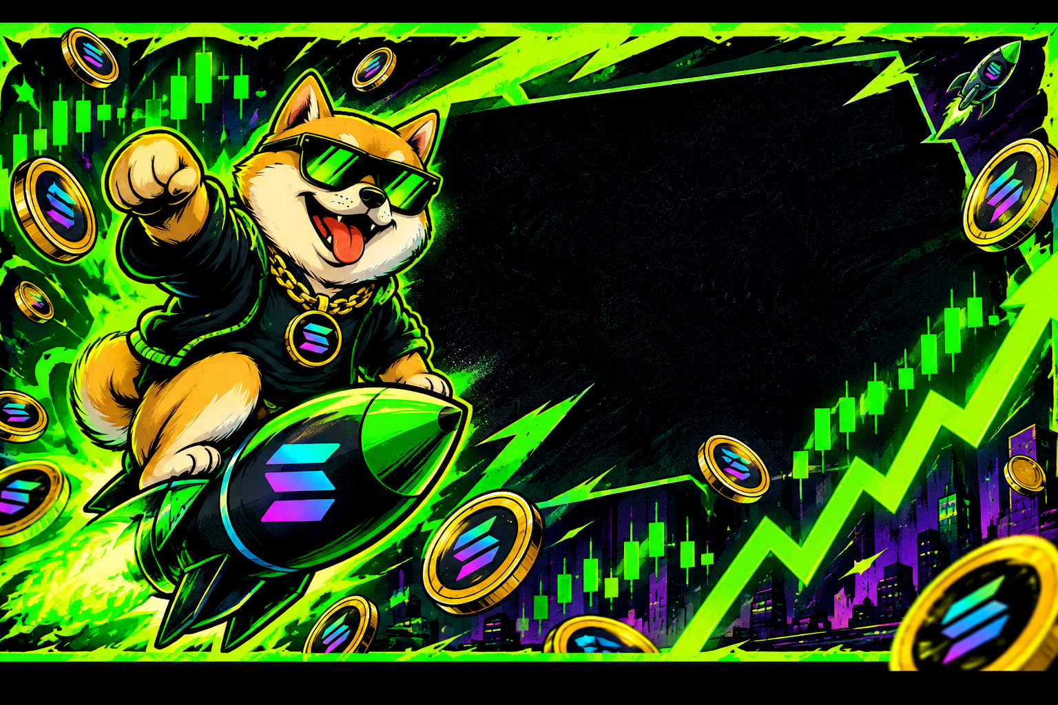 Wide meme launch banner with neon arrows, coin rain, and Jin Chan Dog hype text