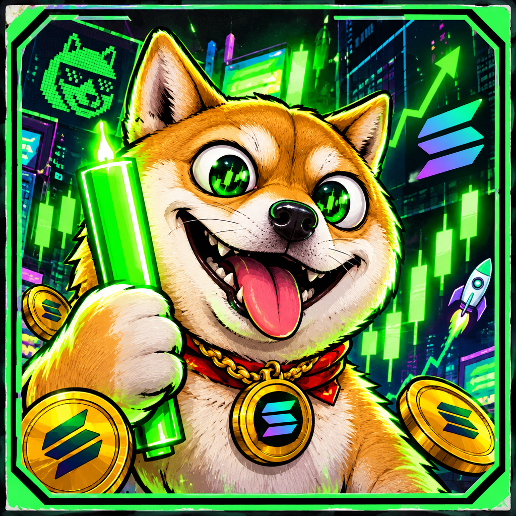 Jin Chan Dog as a chaotic lucky meme dog with neon green candle glow and Solana-style degen energy