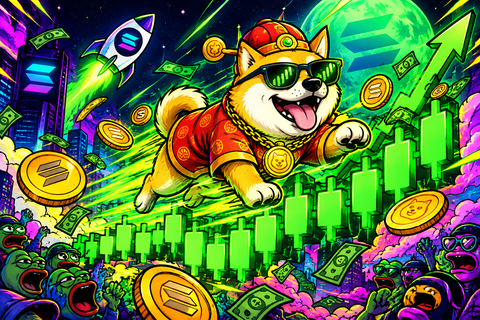 Wide neon meme banner area showing Jin Chan Dog charging through green candles over a volatile Solana-style chart