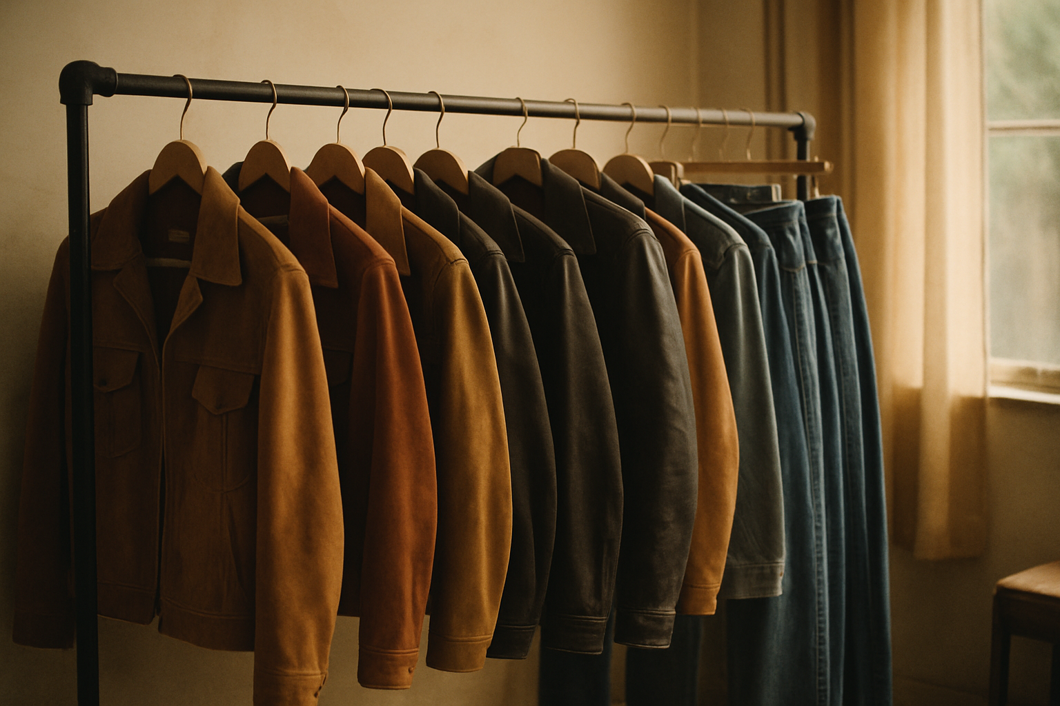 Warm editorial photo of a curated rack of 70s and 80s vintage jackets and denim, softly lit with a nostalgic boutique feel