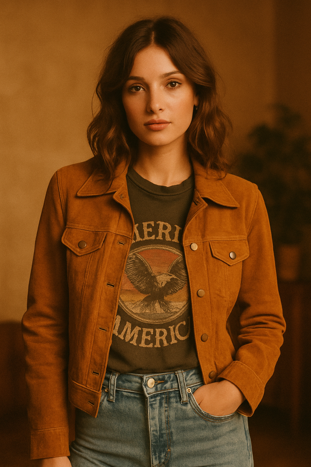 Fashion model wearing a caramel suede jacket, vintage graphic tee, and high-waisted denim in a warm film-inspired studio