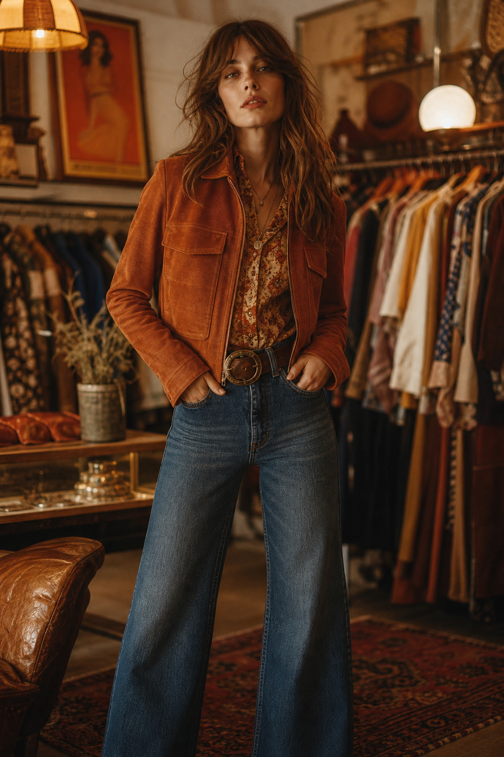 Model in a burnt orange suede jacket and wide-leg denim, styled in a retro boutique with warm film lighting