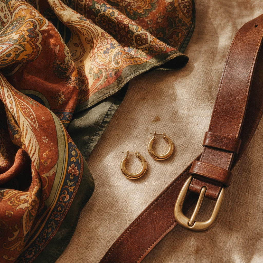Flatlay of vintage accessories including a patterned silk scarf, gold hoops, and a leather belt on a faded linen surface
