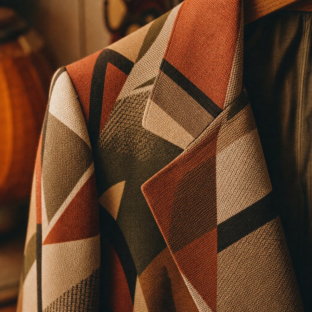 Close-up of a geometric 80s print blazer in terracotta and olive tones on a textured fabric