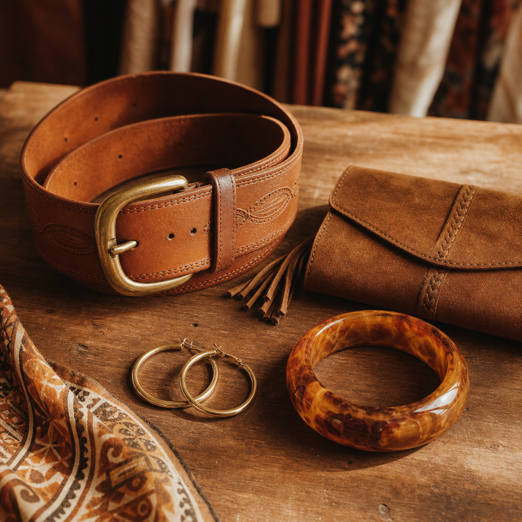 Assortment of vintage accessories including a wide tan belt, gold hoop earrings, and a suede clutch on a warm wooden table