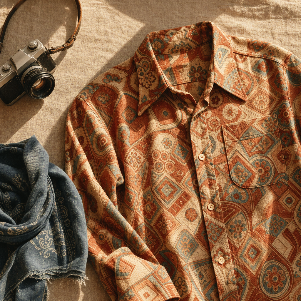 Vintage patterned shirt in rust and cream tones laid on a linen surface with an analog camera