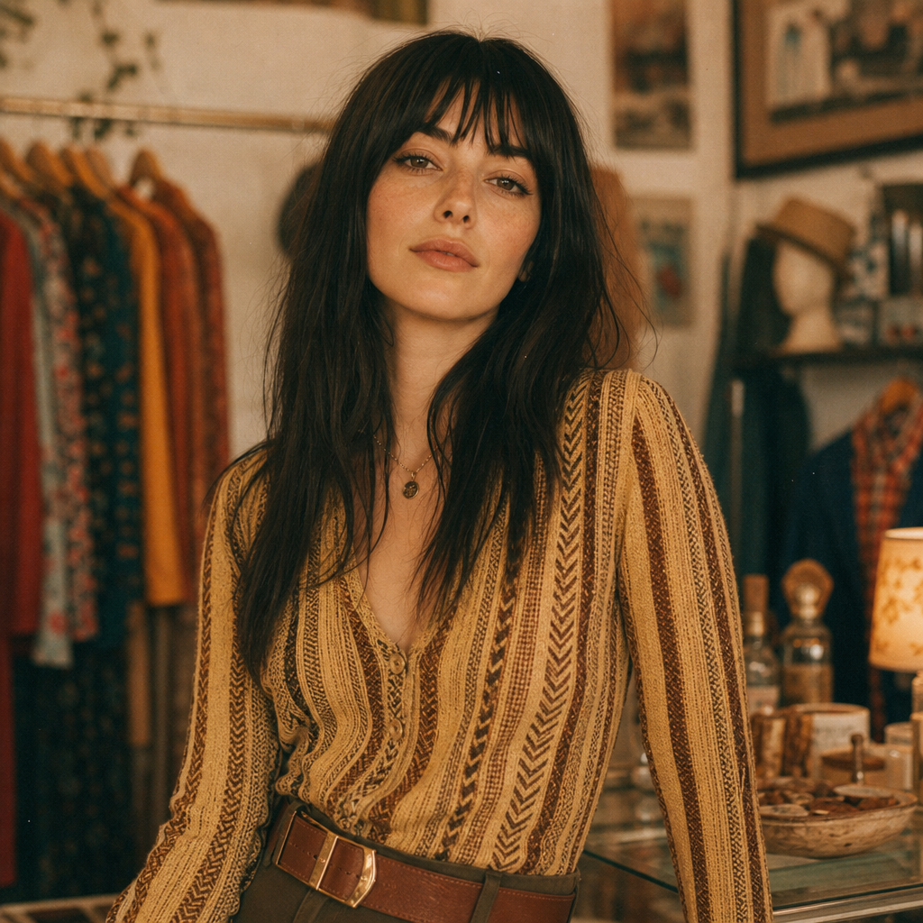 Portrait of Lena Cho in a patterned knit top with straight bangs