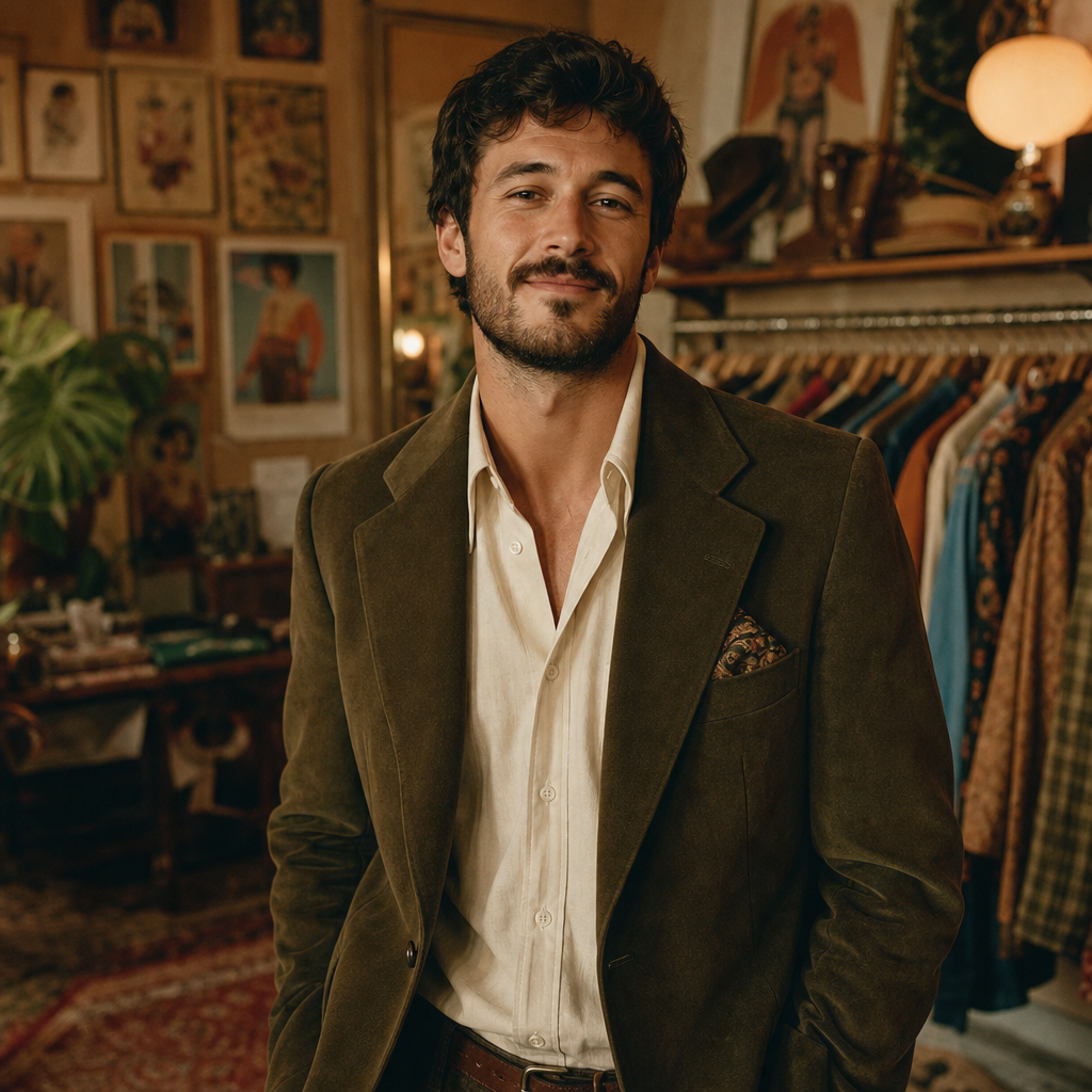 Portrait of Marco Reed in a deep olive blazer with a confident smile