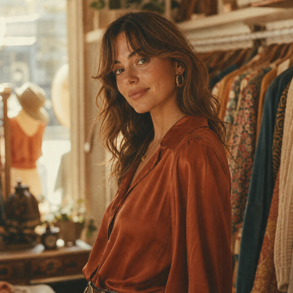Warm portrait of Sarah Porter wearing a rust silk blouse and soft waves