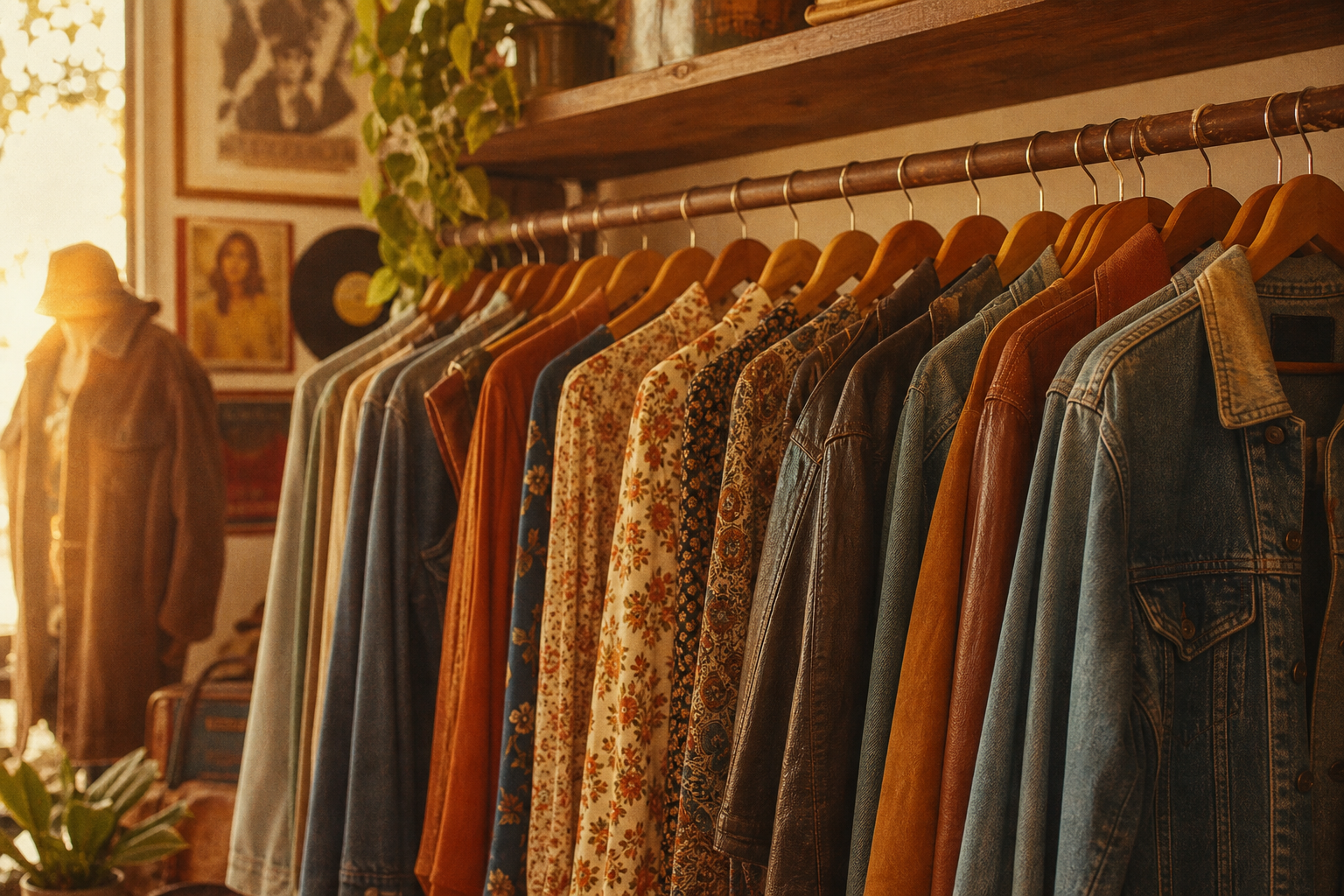 Vintage clothing rail with 70s and 80s garments in warm boutique light