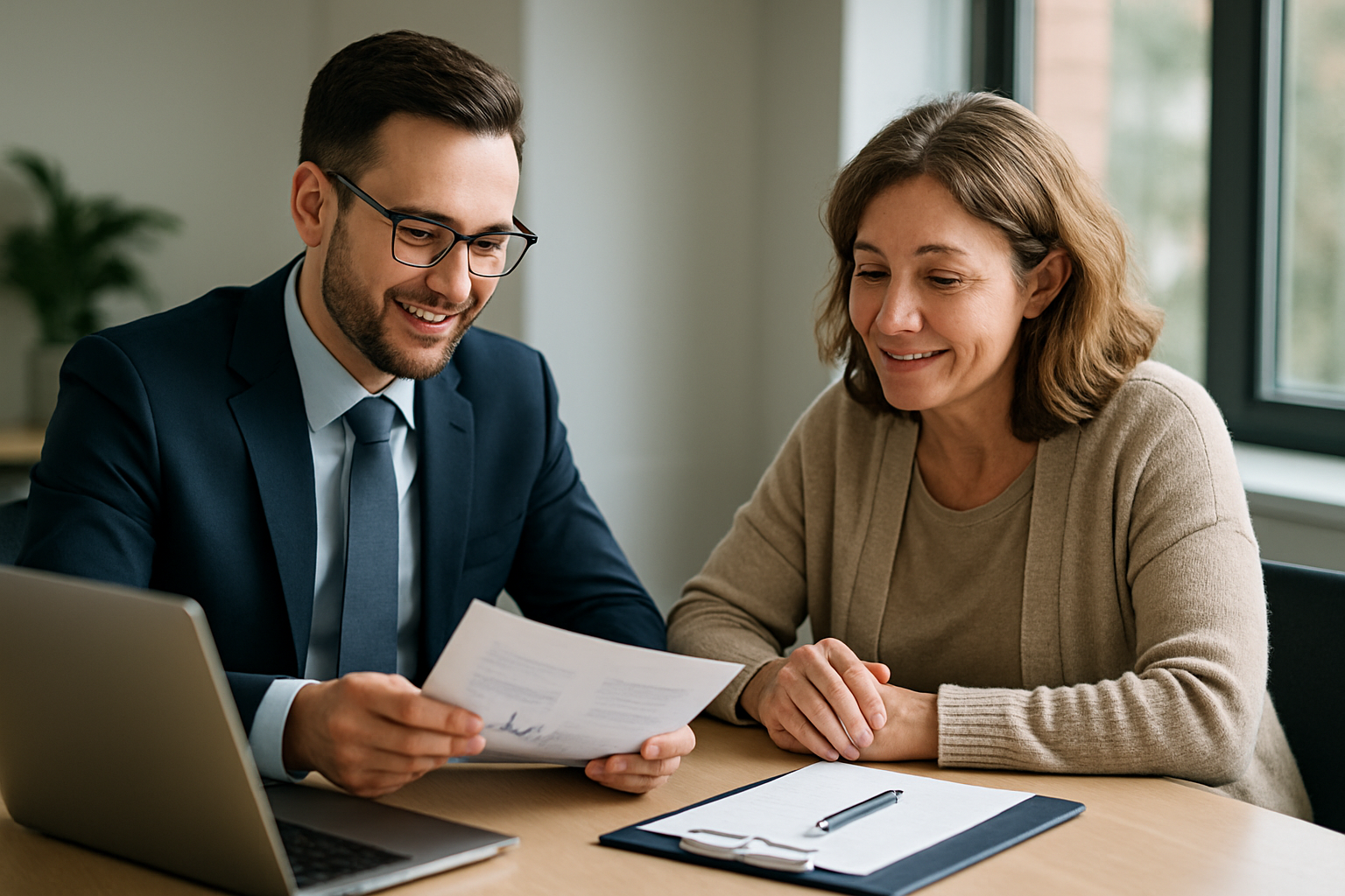 Financial advisor reviewing retirement documents with a public school teacher in a bright office