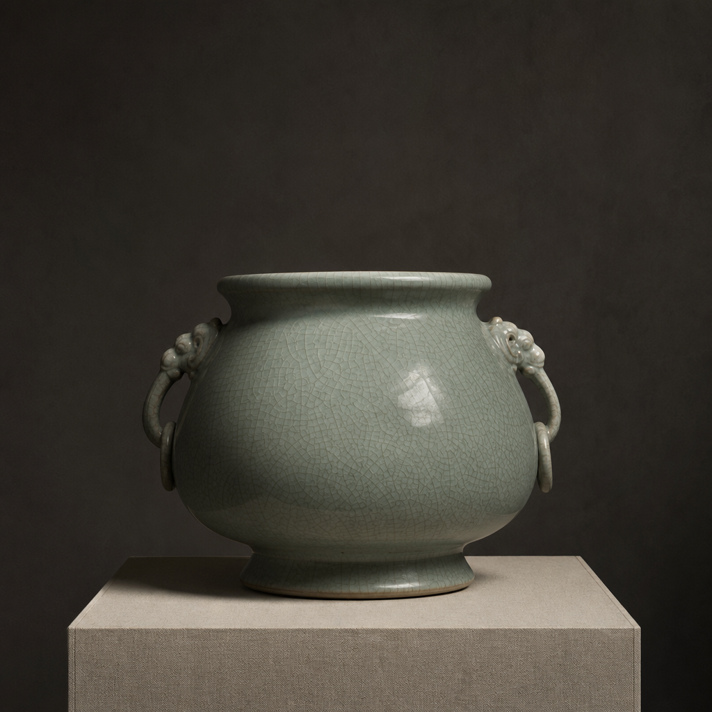 Large celadon ceramic vessel with crackle glaze on a linen plinth under directional light