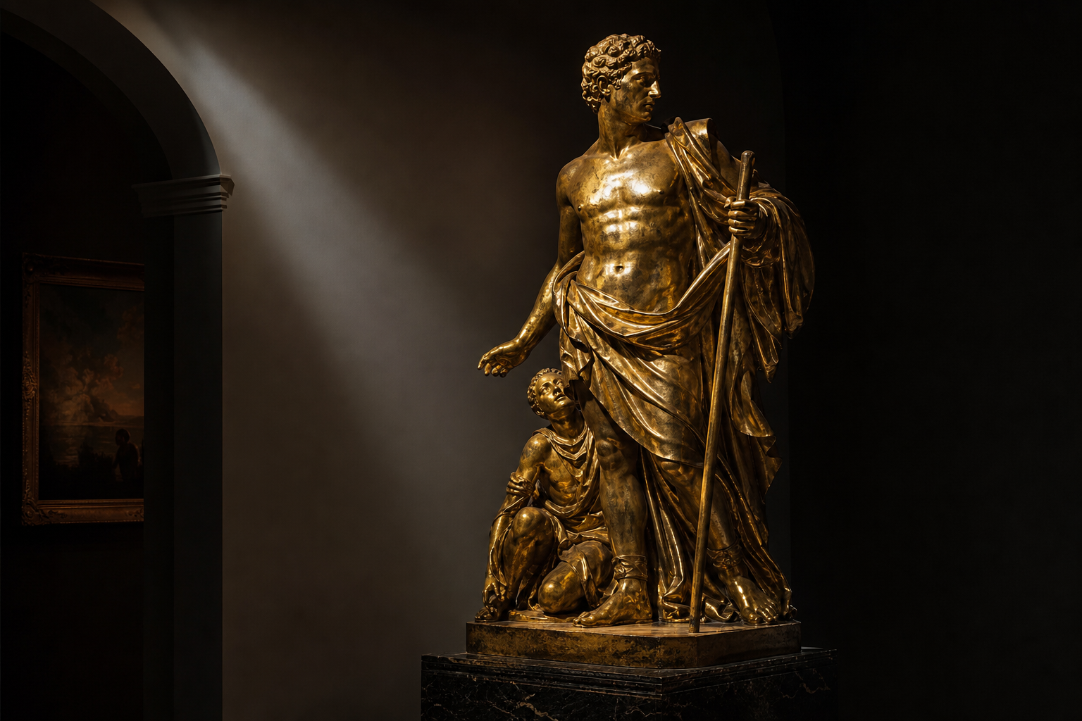 Monumental gilt bronze sculpture with rich patina on a dark plinth in moody gallery lighting