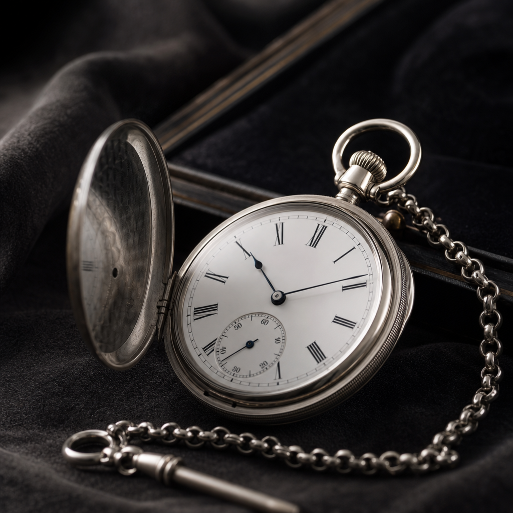 Platinum open-face pocket watch with enamel dial and chain displayed on dark velvet
