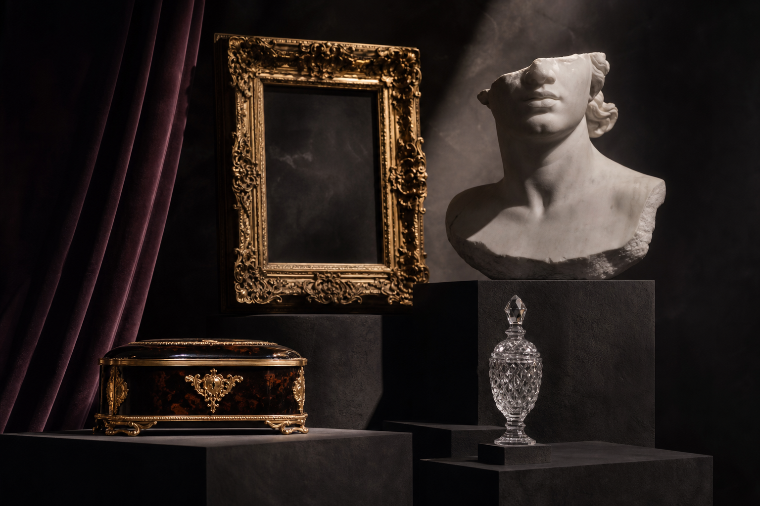 Moody fine-art still life of rare objects displayed theatrically
