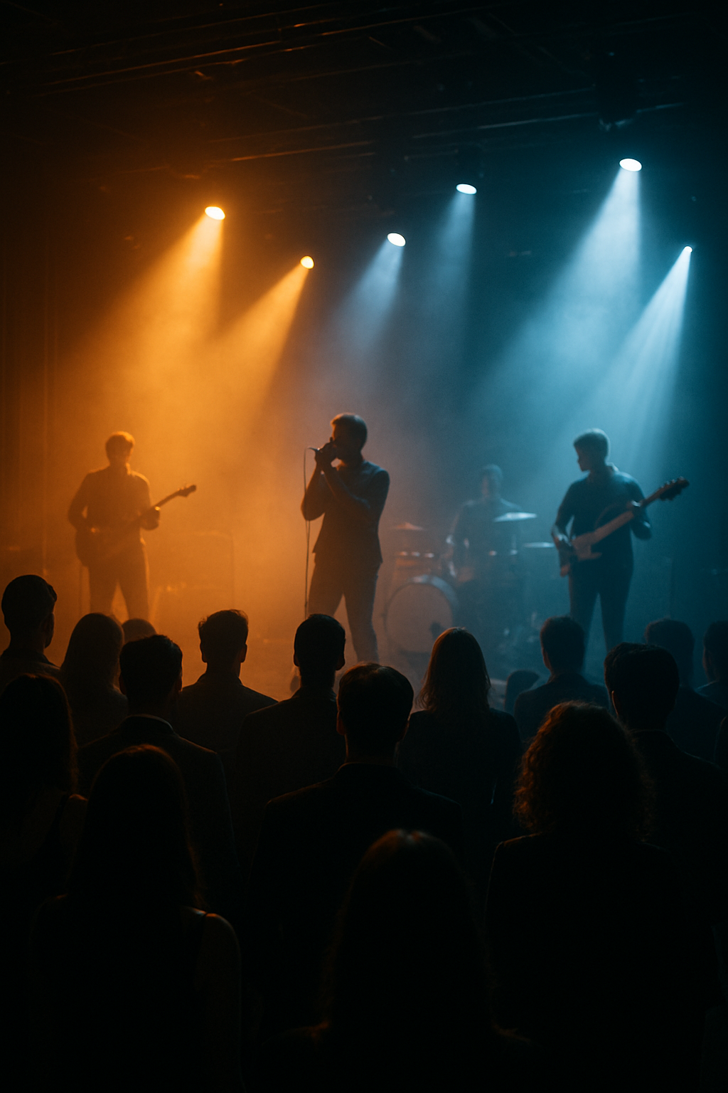 Premium concert venue moment with dramatic stage lighting and an elegant crowd atmosphere