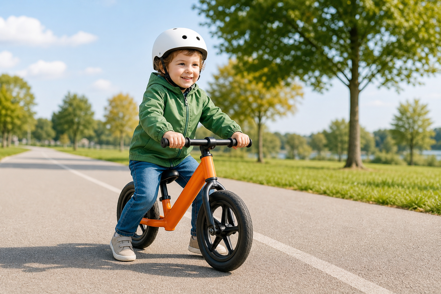 Child in a green jacket riding a balance bike along a wide paved trail with trees