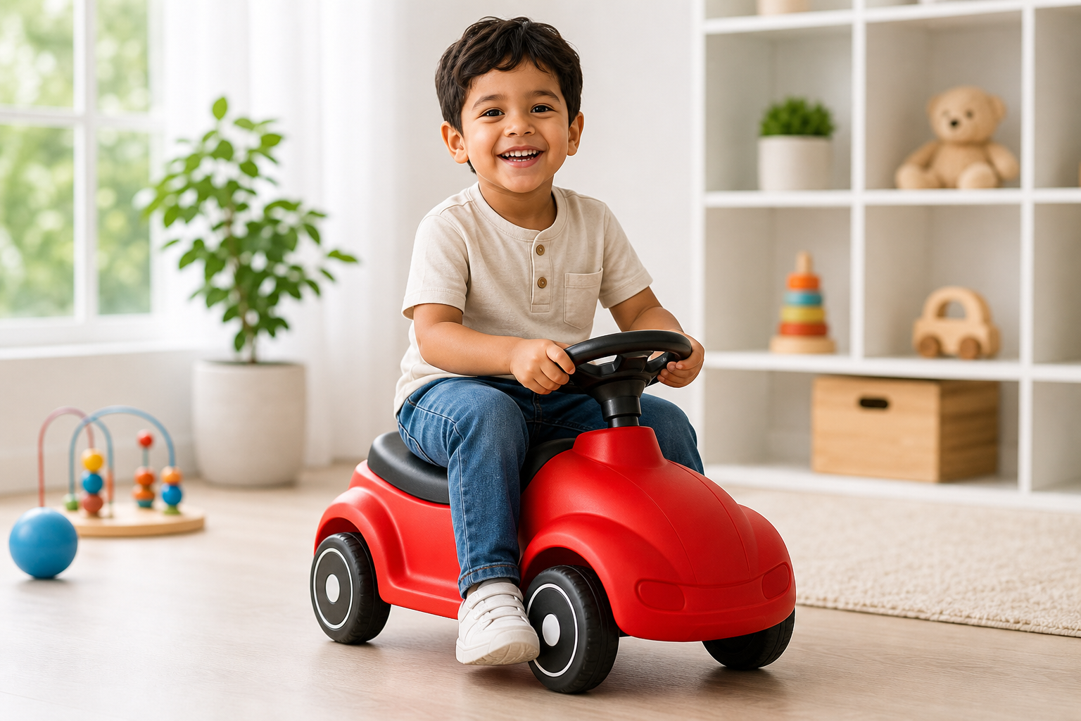 Smiling child riding a bright red ride-on vehicle on a clean indoor play surface