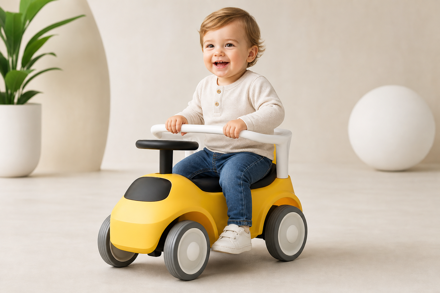 Smiling toddler riding a bright yellow ride-on car with a white safety bar, shown in a clean studio setting